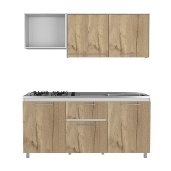 Mueble Multiusos Alan, Café Claro y Blanco, Incluye Mesón Derecho En Acero Inoxidable