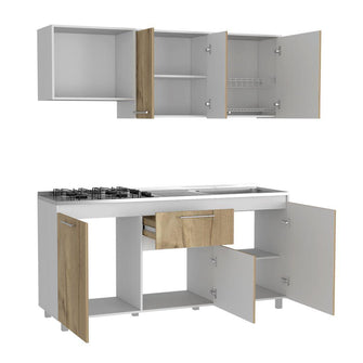 Mueble Multiusos Alan, Café Claro y Blanco, Incluye Mesón Derecho En Acero Inoxidable