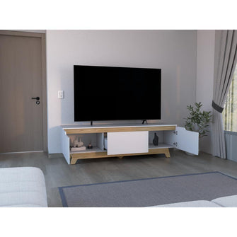 Mesa Para Tv Toulo, Blanco y Fresno, con espacio para TV de 80"