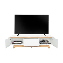 Mesa para TV Toulo, Blanco y Fresno Europeo, con Espacio para TV de 80"