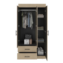 Closet Houston , Cartagena y Wengue , Con tres puertas batientes y dos cajones con amplio espacio de almacenamiento