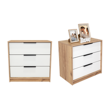 Organizador Wesley, Café Claro y Blanco, con Tres Cajones Multiusos y Manijas Metálicas X2