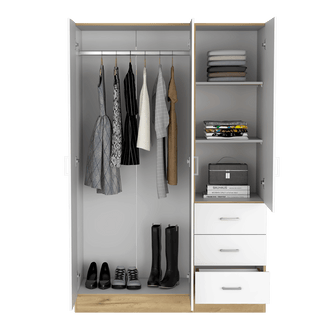 Closet Norvek ,Café Claro y Blanco, con Un Tubo Cromado y Tres Cajones