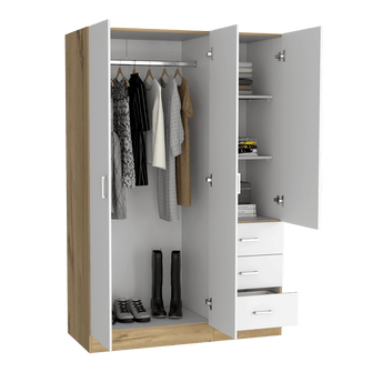 Closet Norvek ,Café Claro y Blanco, con Un Tubo Cromado y Tres Cajones