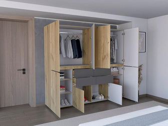 Closet Siruela 220, Café Claro y Blanco, con Cuatro Cajones, Ocho Puertas y Gran Capacidad de Almacenamiento