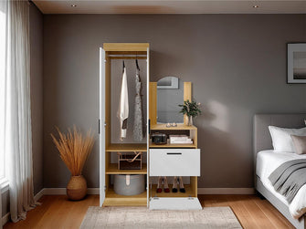 Closet Tocador Praga, Fresno y Blanco, con diseño moderno incluye Espejo