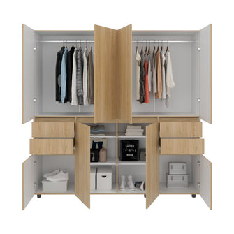 Closet Siruela 200, Fresno Europeo y Blanco, con Cuatro Cajones, Ocho Puertas y Gran Capacidad de Almacenamiento