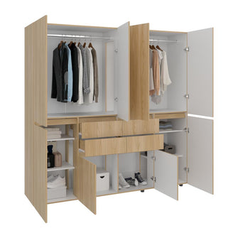 Closet Siruela 200, Fresno Europeo y Blanco, con Cuatro Cajones, Ocho Puertas y Gran Capacidad de Almacenamiento