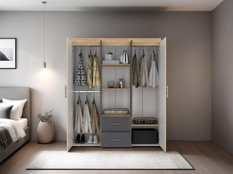 Closet Bariloche Bombay Eco, Fresno Europeo y Blanco Plomo, con Variedad de Entrepaños y Cuatro Puertas Abatibles