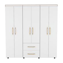 Closet Golden, Blanco y Dorado, Variedad de Entrepaños, Seis Puertas Abatibles y Canto Cuero