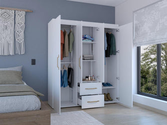 Closet Bariloche Bombay Eco, Blanco Duqueza y Dorado, Pequeño con Variedad de Entrepaños y Cuatro Puertas Abatibles ZF