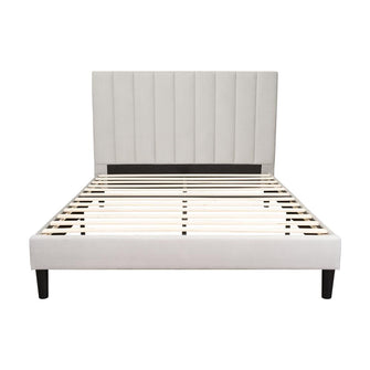 Cama Doble Lisa, Gris Claro, madera roble tapizada