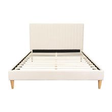 Cama Doble Tania, Gris Crema, madera roble tapizada