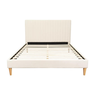 Cama Doble Tania, Gris Crema, madera roble tapizada
