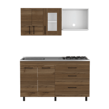 Cocina Integral Farichi, Castaño y Blanco, Incluye Mesón Izquierdo En Acero Inoxidable