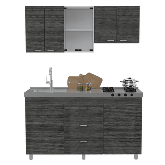 Cocina Integral Laurel, Gris y Blanco, Incluye Mesón Izquierdo En Acero Inoxidable con Cuatro Puestos de Gas Natural