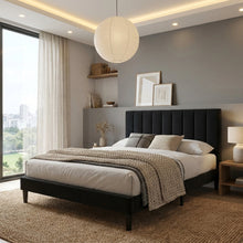 Cama Doble Lisa, Negro, Madera roble tapizada