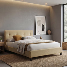 Cama Doble Imperial, Beige, Madera roble tapizada