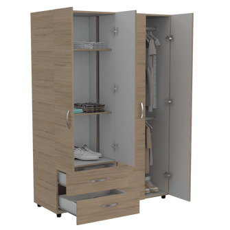 Closet Arkola, Blanco y Beige, con Dos Cajones Organizadores y Cuatro Puertas Abatibles