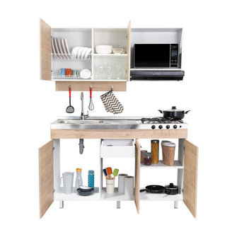 Cocina Integral Deneb, Beige y Blanco, Incluye Mesón Izquierdo En Acero Inoxidable con Cuatro Puestos de Gas Natural