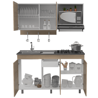 Cocina Integral Deneb, Beige y Blanco, Incluye Mesón Izquierdo En Acero Inoxidable con Cuatro Puestos de Gas Natural