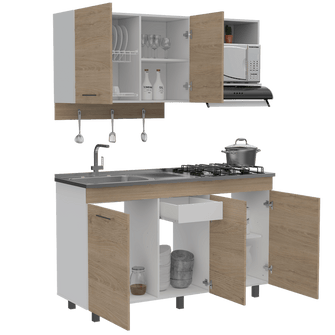 Cocina Integral Deneb, Beige y Blanco, Incluye Mesón Izquierdo En Acero Inoxidable con Cuatro Puestos de Gas Natural