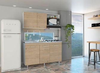 Cocina Integral Deneb, Beige y Blanco, Incluye Mesón Izquierdo En Acero Inoxidable con Cuatro Puestos de Gas Natural