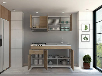 Cocina Integral Ameralto, Beige y Blanco, Incluye Mesón Derecho y Campana