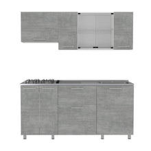 Cocina Integral 180 Linar, Cemento y Blanco, Incluye Mesón Derecho En Acero Inoxidable  ZF