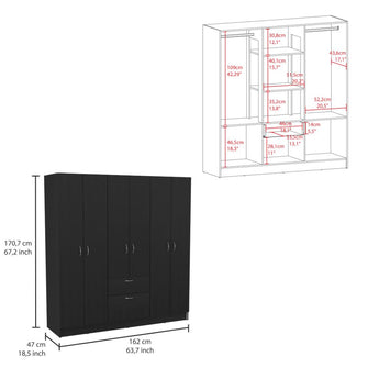 Closet Adira, Wengue y Blanco, con Dos Tubos Cromados y Seis Puertas Batientes ZF