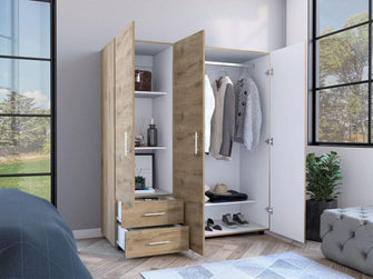 Closet Light, Macadamia y Blanco, con Dos Cajones y Tres Puertas Batientes