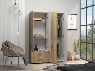 Closet Arkola, Macadamia y Blanco, con Dos Cajones Organizadores y Cuatro Puertas Abatibles