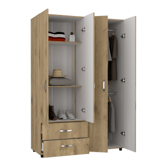 Closet Arkola, Macadamia y Blanco, con Dos Cajones Organizadores y Cuatro Puertas Abatibles