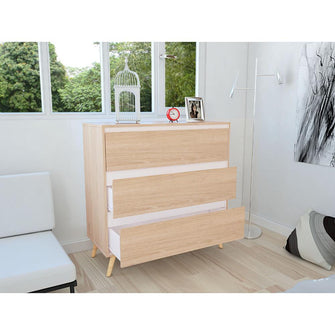 Organizador Durham, Beige y Blanco, con Tres Cajones Amplios y Patas En Madera