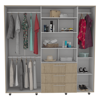 Closet Montreal, Beige y Blanco, con Tres Cajones Organizadores y Tres Tubos Cromados