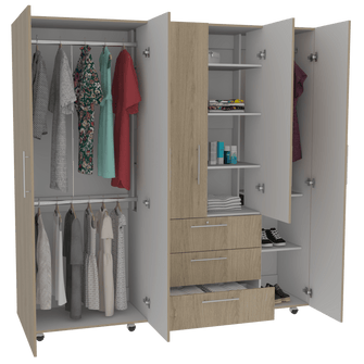 Closet Montreal, Beige y Blanco, con Tres Cajones Organizadores y Tres Tubos Cromados