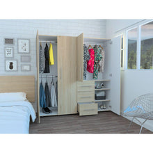 Closet Poche, Beige y Blanco, con Tres Cajones Multiusos y Cuatro Puertas Batientes