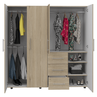 Closet Poche, Beige y Blanco, con Tres Cajones Multiusos y Cuatro Puertas Batientes