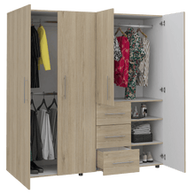 Closet Poche, Beige y Blanco, con Tres Cajones Multiusos y Cuatro Puertas Batientes