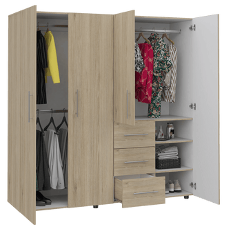 Closet Poche, Beige y Blanco, con Tres Cajones Multiusos y Cuatro Puertas Batientes