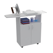 Mesa Para Planchar Zendaya, Blanco Duqueza, con compartimientos para almacenar elementos de aseo ZF