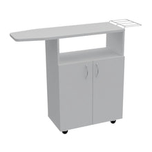 Mesa Para Planchar Zendaya, Blanco Duqueza, con compartimientos para almacenar elementos de aseo ZF