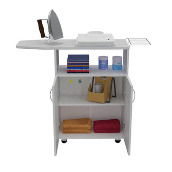 Mesa Para Planchar Zendaya, Blanco Duqueza, con compartimientos para almacenar elementos de aseo ZF