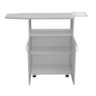 Mesa Para Planchar Zendaya, Blanco Duqueza, con compartimientos para almacenar elementos de aseo ZF