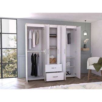 Closet Bariloche Bombay, Blanco Hueso y Café Claro, Variedad de Entrepaños, Seis Puertas Abatibles y Canto Cuero