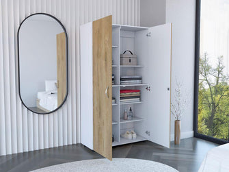 Closet Dopio, Macadamia y Blanco, con Dos Puertas Batientes y Entrepaños