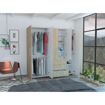 Closet Montreal, Beige y Blanco, con Tres Cajones Organizadores y Tres Tubos Cromados