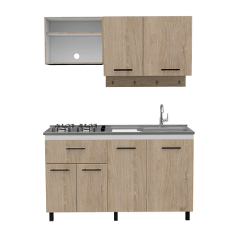 Cocina Integral Kane, Beige y Blanco, Incluye Mesón Derecho En Acero Inoxidable con Cuatro Puestos de Gas