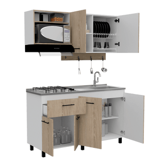 Cocina Integral Kane, Beige y Blanco, Incluye Mesón Derecho En Acero Inoxidable con Cuatro Puestos de Gas