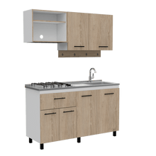 Cocina Integral Kane, Beige y Blanco, Incluye Mesón Derecho En Acero Inoxidable con Cuatro Puestos de Gas